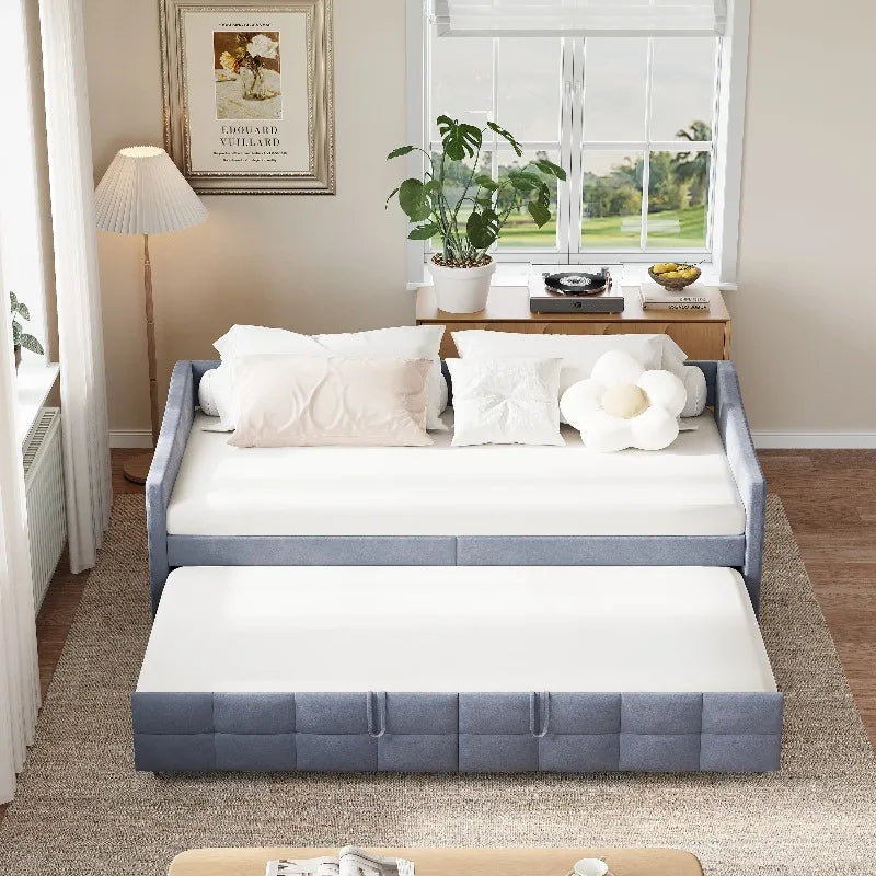 Canapé-lit convertible 90x200 cm avec lit extensible et poches de rangement latérales, canapé multifonction pour salon, fauteuil relax, tissu, gris/crème, sans matelas