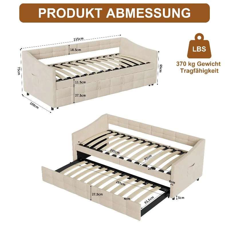 Canapé-lit convertible 90x200 cm avec lit extensible et poches de rangement latérales, canapé multifonction pour salon, fauteuil relax, tissu, gris/crème, sans matelas