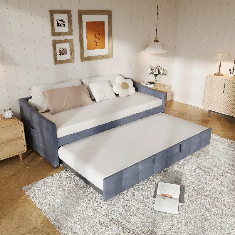 Canapé-lit convertible 90x200 cm avec lit extensible et poches de rangement latérales, canapé multifonction pour salon, fauteuil relax, tissu, gris/crème, sans matelas