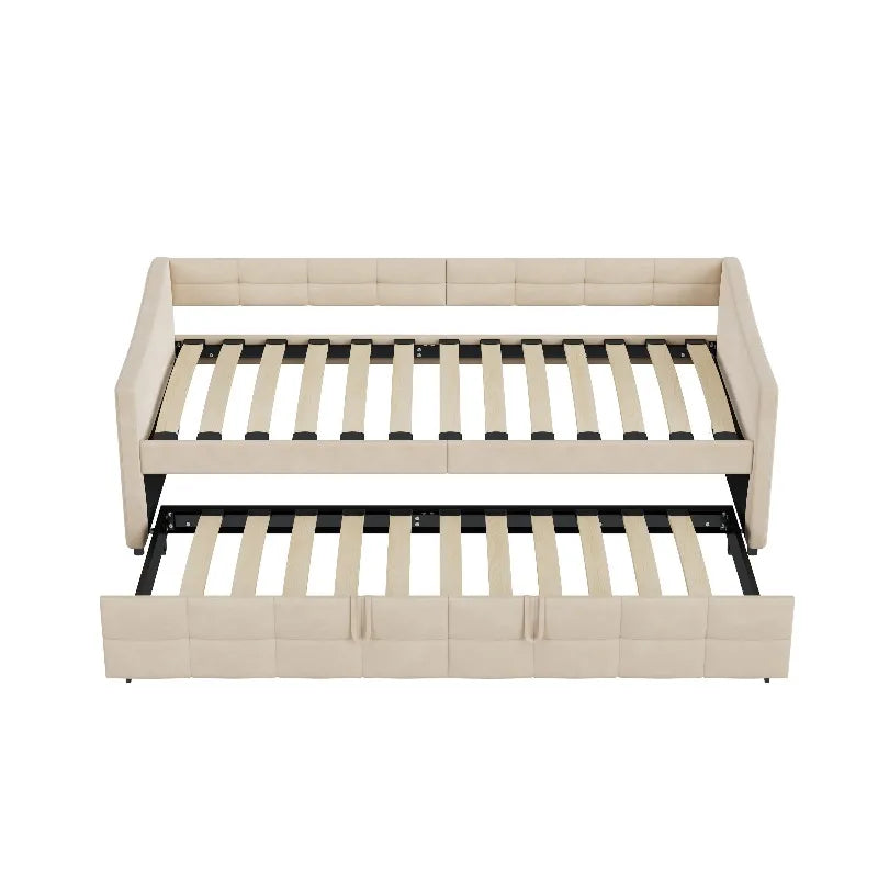 Canapé-lit convertible 90x200 cm avec lit extensible et poches de rangement latérales, canapé multifonction pour salon, fauteuil relax, tissu, gris/crème, sans matelas
