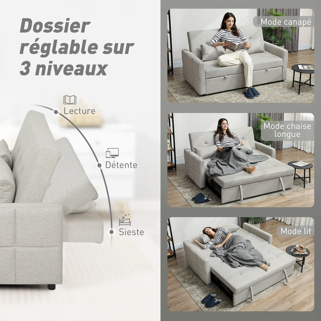 HOMCOM Canapé convertible 2 places 3 en 1, canapé-lit clic-clac 137x180cm, tissu lin, marron clair