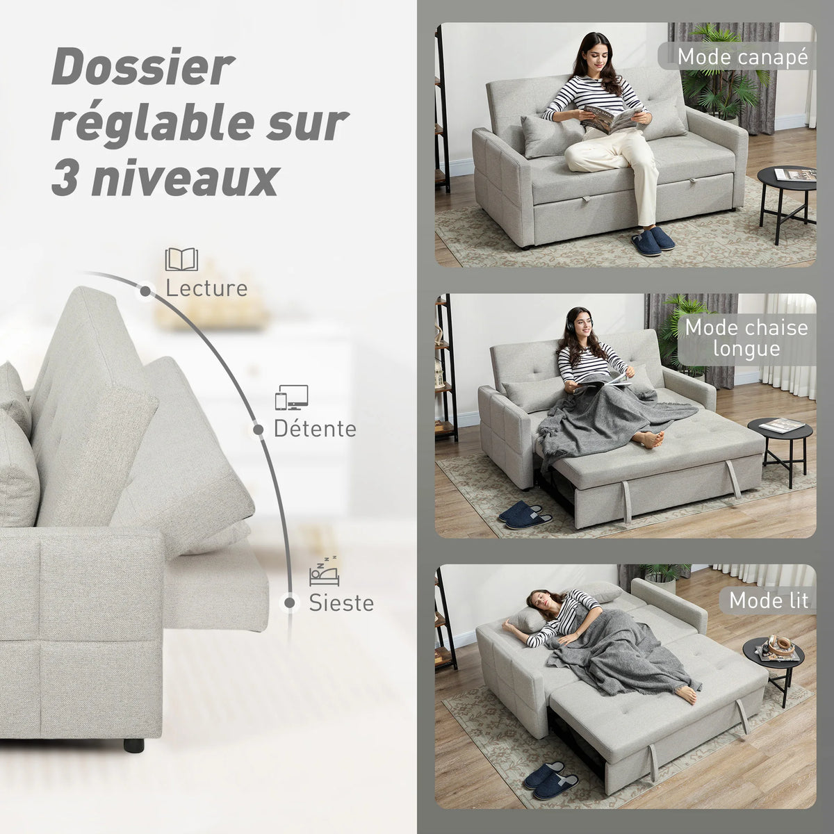 HOMCOM Canapé convertible 2 places 3 en 1, canapé-lit clic-clac 137x180cm, tissu lin, marron clair