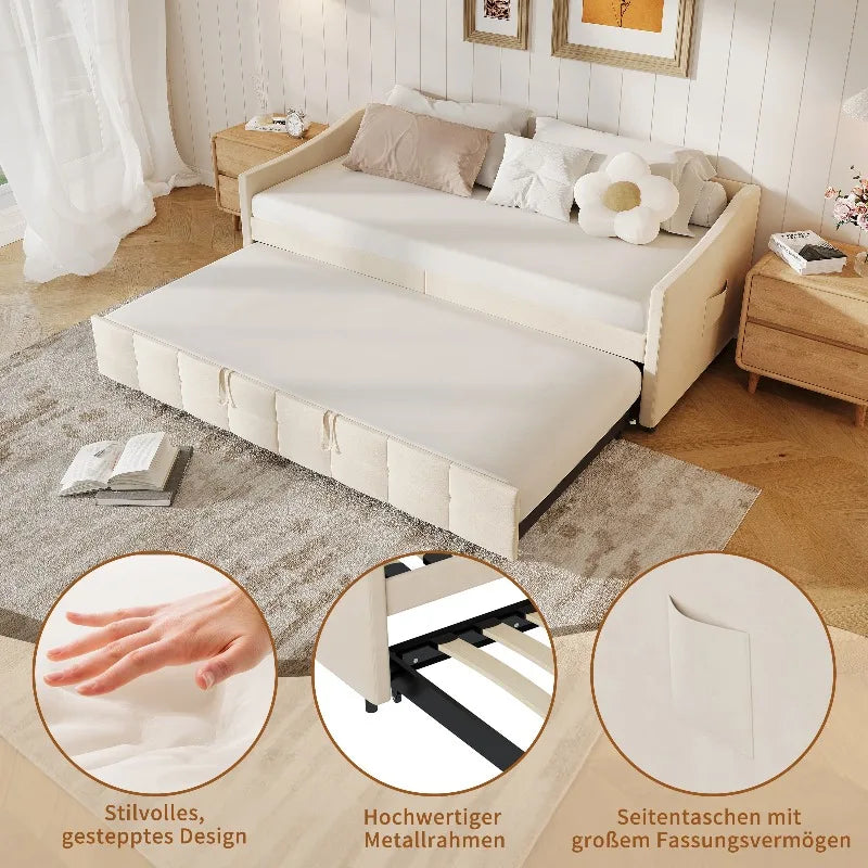 Canapé-lit convertible 90x200 cm avec lit extensible et poches de rangement latérales, canapé multifonction pour salon, fauteuil relax, tissu, gris/crème, sans matelas