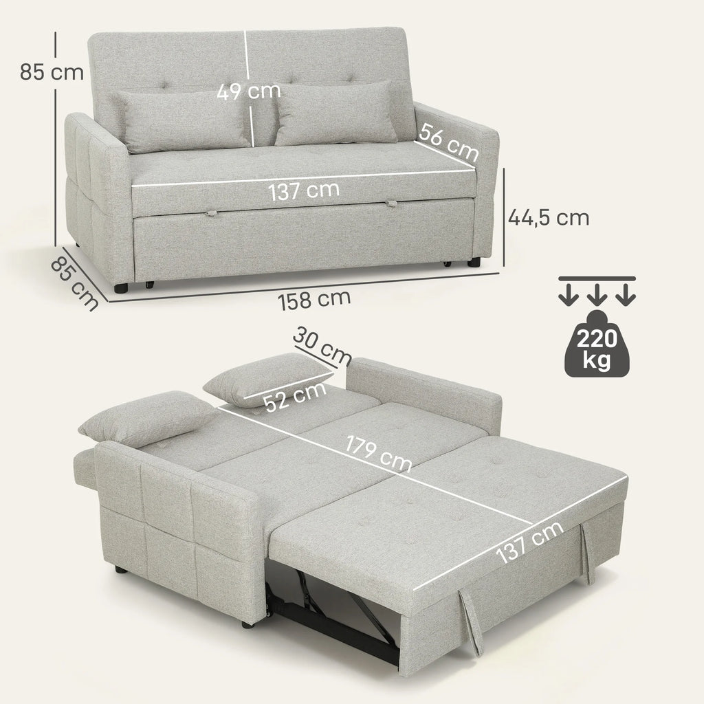 HOMCOM Canapé convertible 2 places 3 en 1, canapé-lit clic-clac 137x180cm, tissu lin, marron clair