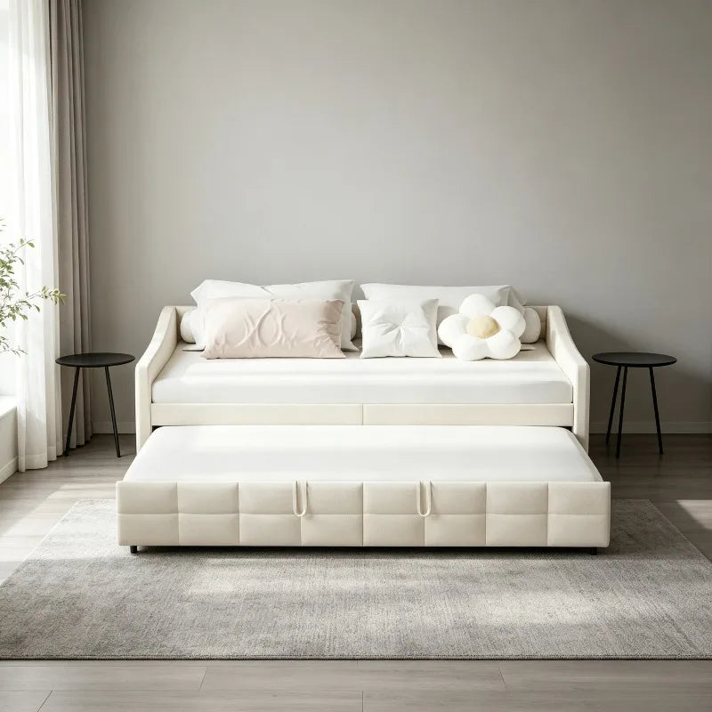 Canapé-lit convertible 90x200 cm avec lit extensible et poches de rangement latérales, canapé multifonction pour salon, fauteuil relax, tissu, gris/crème, sans matelas
