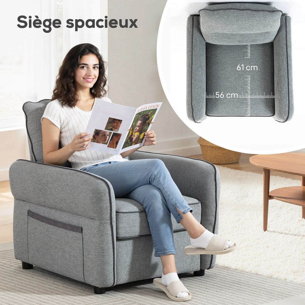HOMCOM Fauteuil de salon en velours égyptien 80 cm, assise et dossier rembourrés, poche latérale, style contemporain, sofa pour
