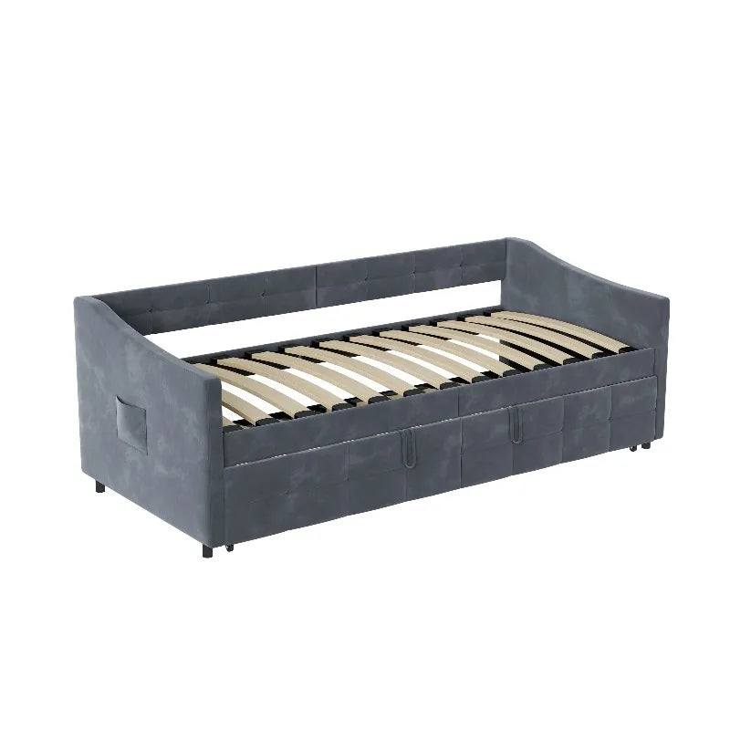 Canapé-lit convertible 90x200 cm avec lit extensible et poches de rangement latérales, canapé multifonction pour salon, fauteuil relax, tissu, gris/crème, sans matelas