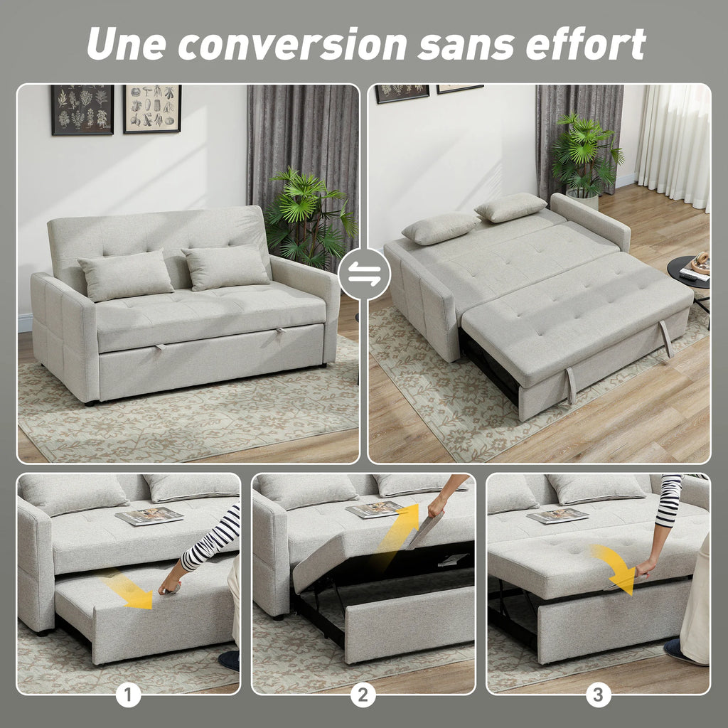 HOMCOM Canapé convertible 2 places 3 en 1, canapé-lit clic-clac 137x180cm, tissu lin, marron clair