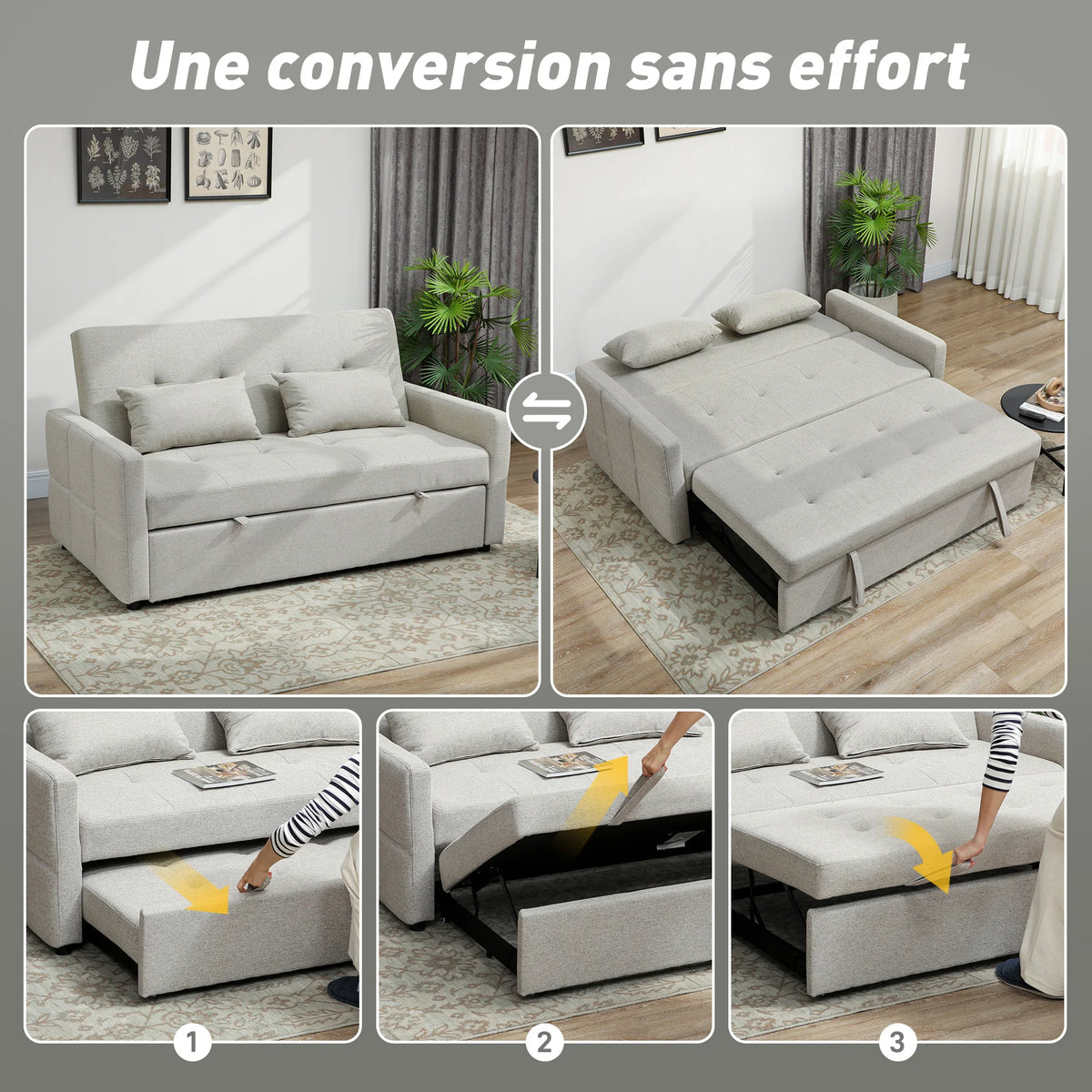 HOMCOM Canapé convertible 2 places 3 en 1, canapé-lit clic-clac 137x180cm, tissu lin, marron clair