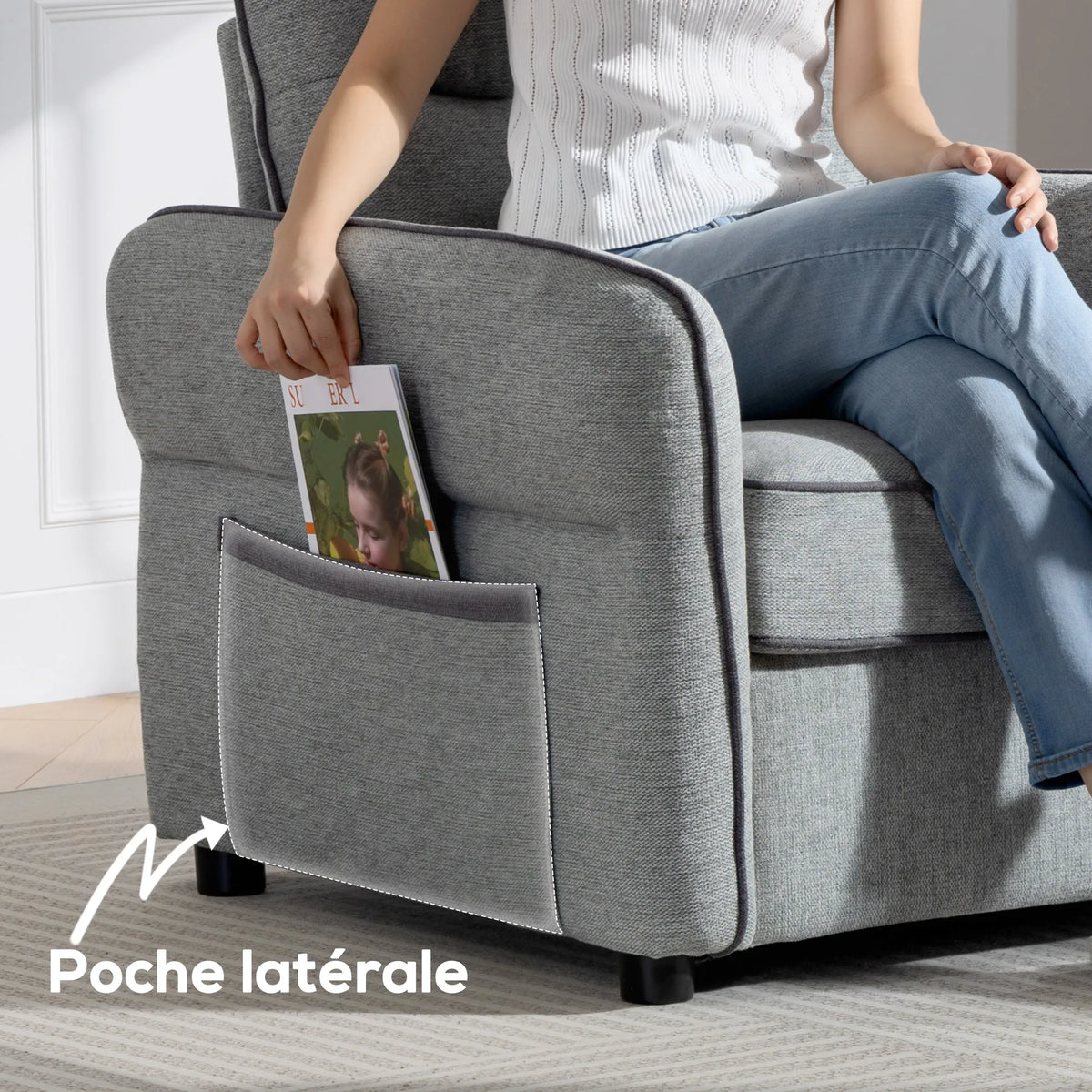 HOMCOM Fauteuil de salon en velours égyptien 80 cm, assise et dossier rembourrés, poche latérale, style contemporain, sofa pour