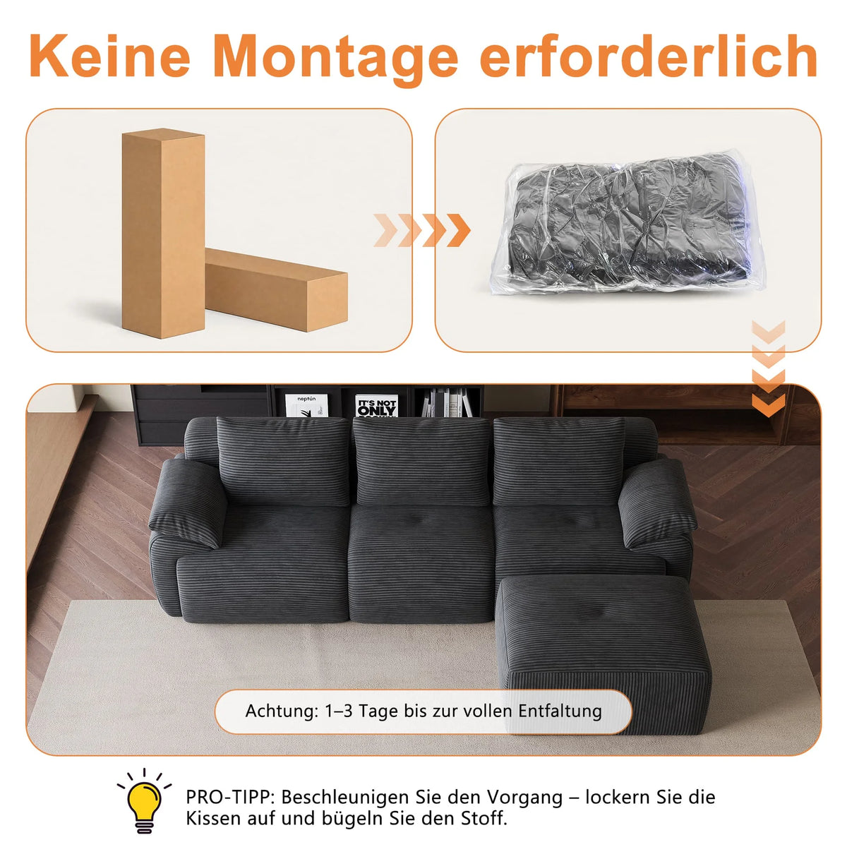 Canapé modulaire, canapé d’angle en forme de L avec ottoman, rembourrage en mousse à haute densité, assise spacieuse, canapé pour salon, tissu en velours côtelé, mobilier moderne pour la maison, idéal pour un salon