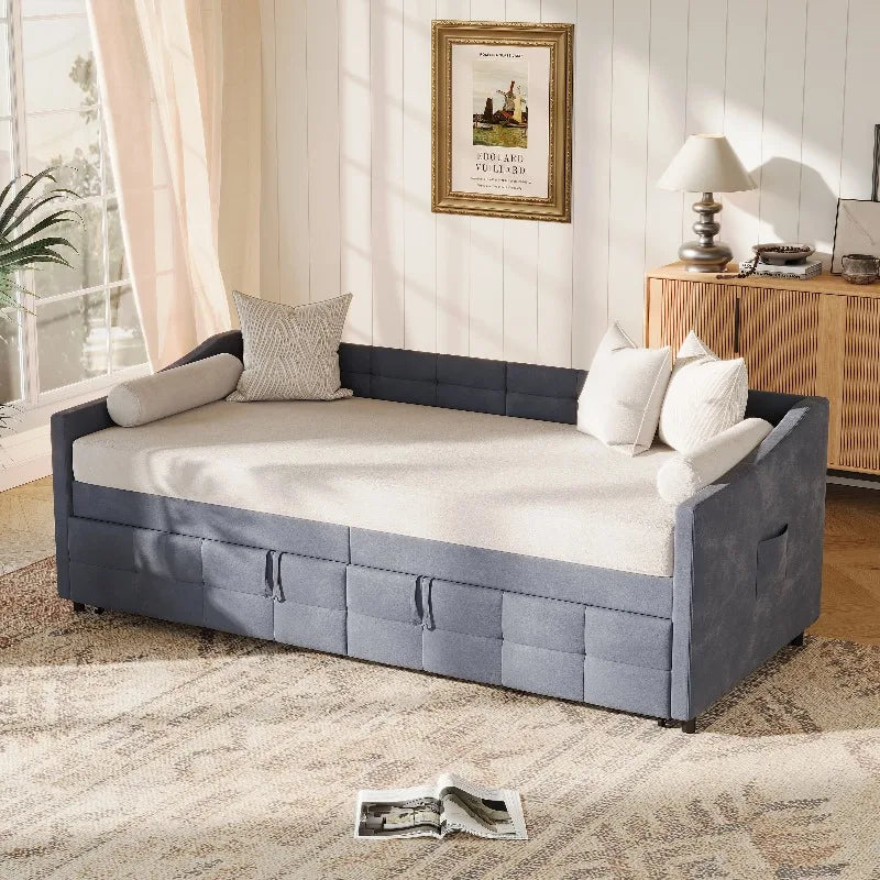 Canapé-lit convertible 90x200 cm avec lit extensible et poches de rangement latérales, canapé multifonction pour salon, fauteuil relax, tissu, gris/crème, sans matelas