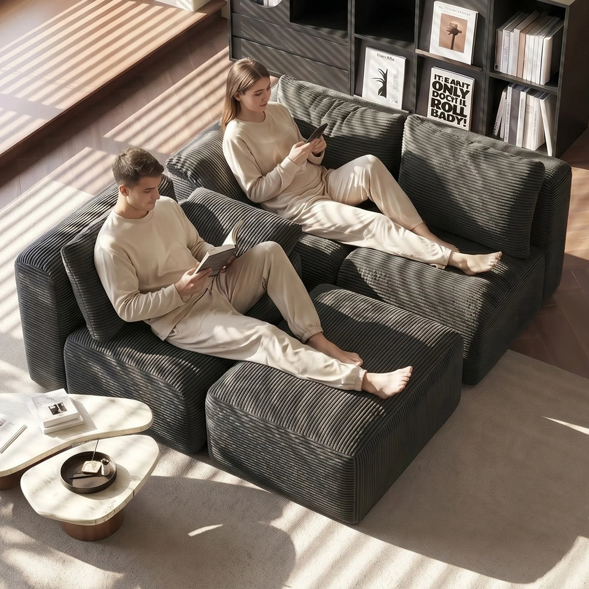 Canapé modulaire, canapé d’angle en forme de L avec ottoman, rembourrage en mousse à haute densité, assise spacieuse, canapé pour salon, tissu en velours côtelé, mobilier moderne pour la maison, idéal pour un salon